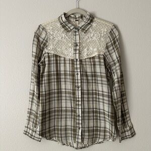 Free People Woman’s Shirt Lace Plaid Size S Buttons 100% Cotton EUC